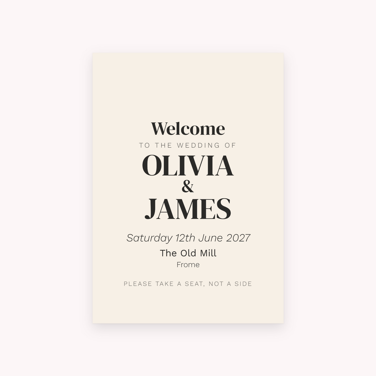 Arch A1 sign, shown with the sample names Olivia & James