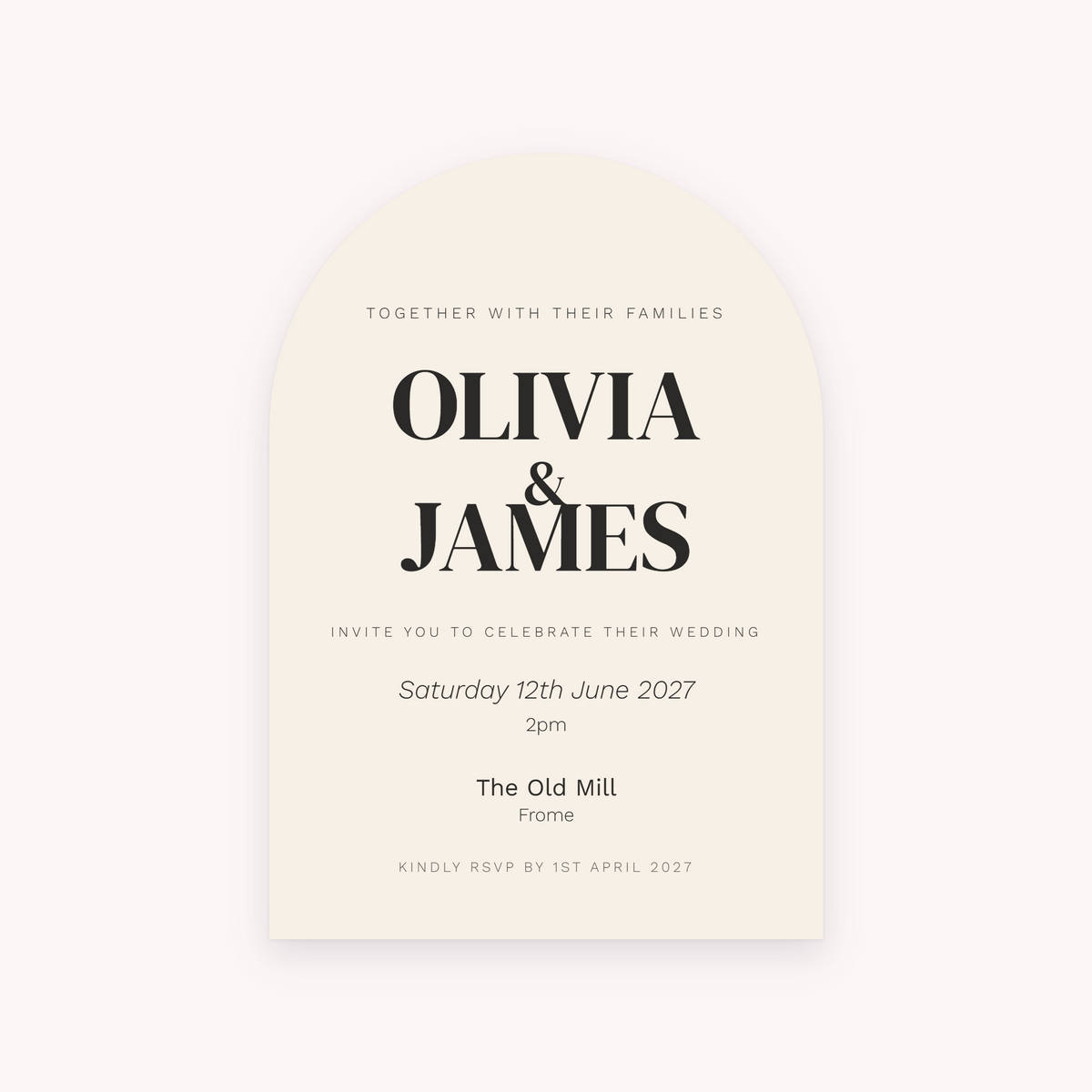 Arch invitation, shown with the sample names Olivia & James