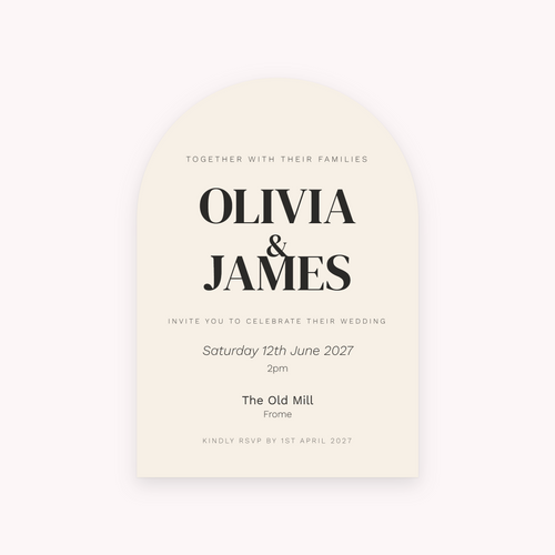 Arch invitation, shown with the sample names Olivia & James