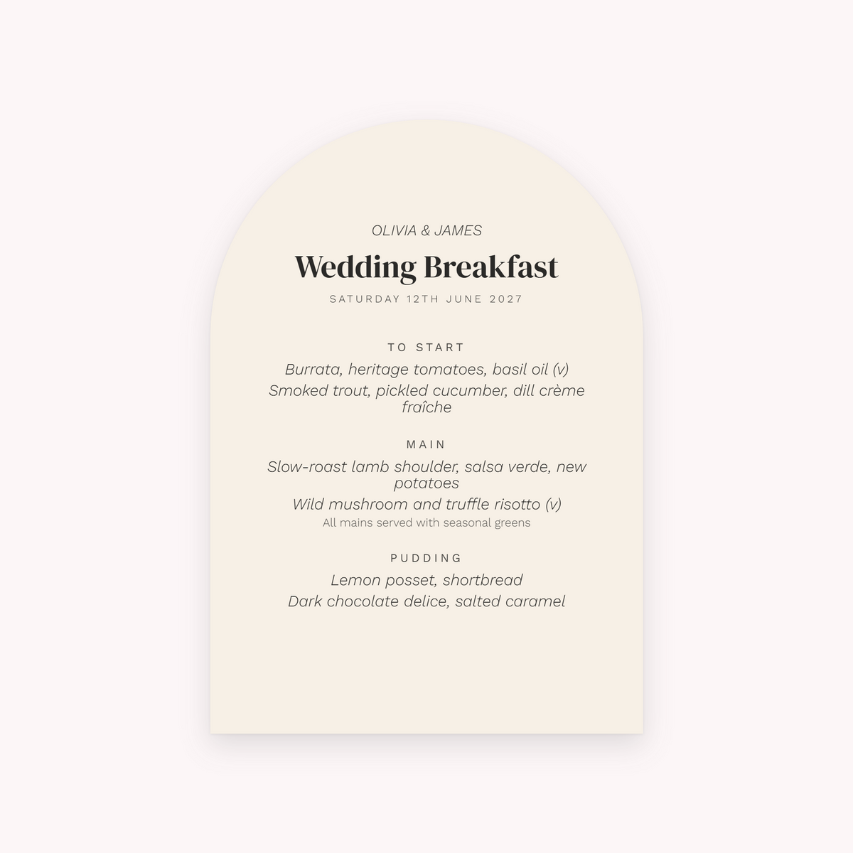 Arch menu, shown with the sample names Olivia & James
