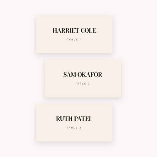 Arch place cards, shown with the sample names Olivia & James