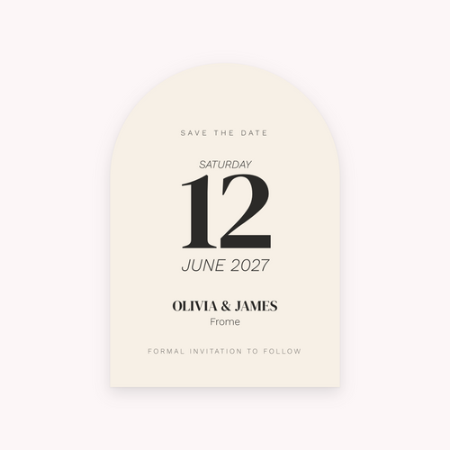 Arch save the date, shown with the sample names Olivia & James