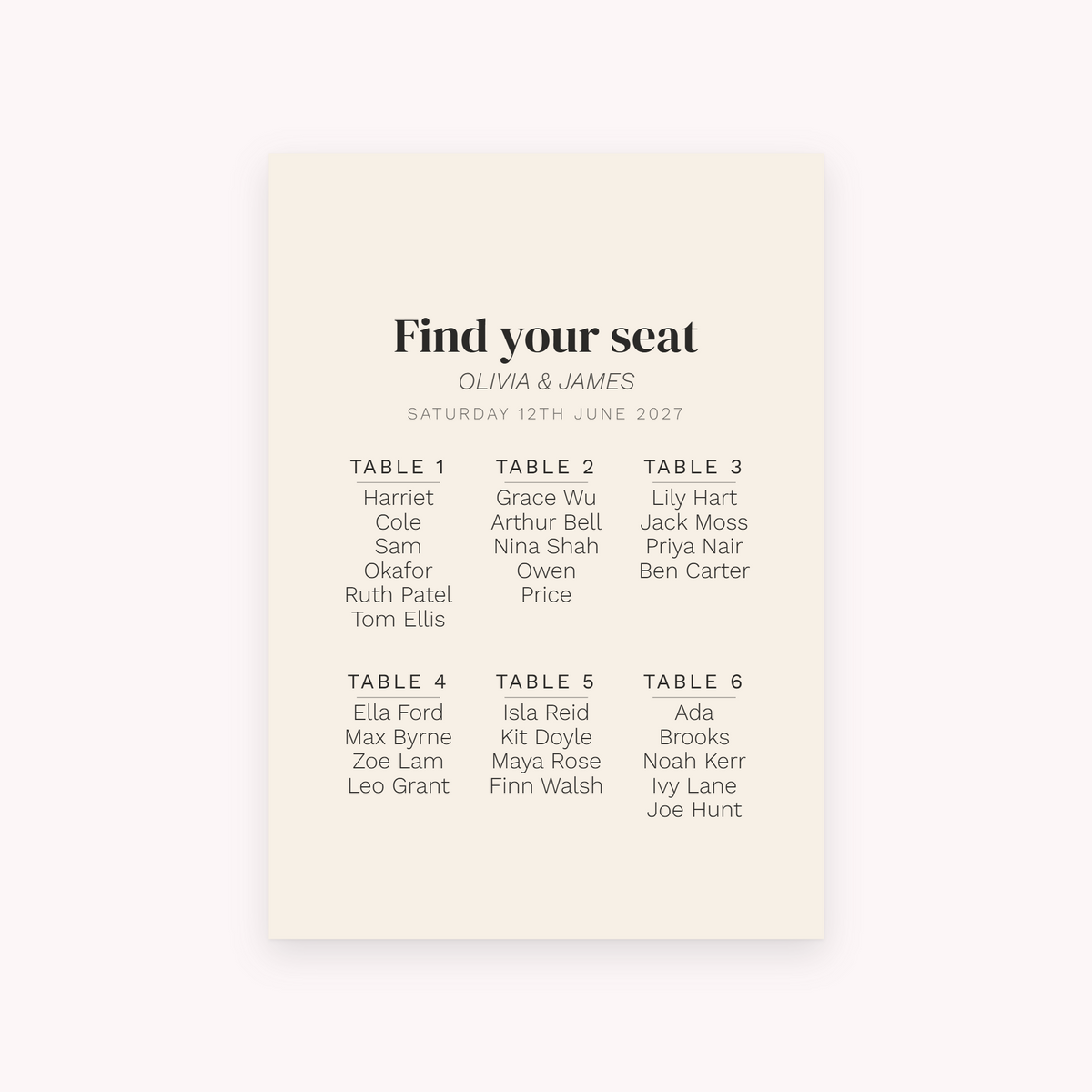 Arch seating plan, shown with the sample names Olivia & James