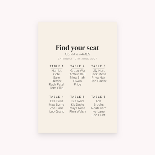 Arch seating plan, shown with the sample names Olivia & James