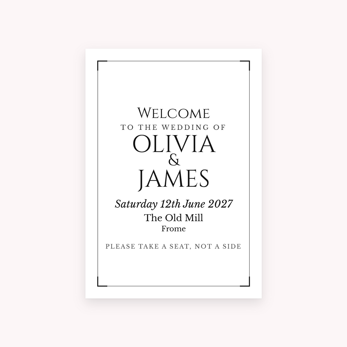 Black Tie A1 sign, shown with the sample names Olivia & James