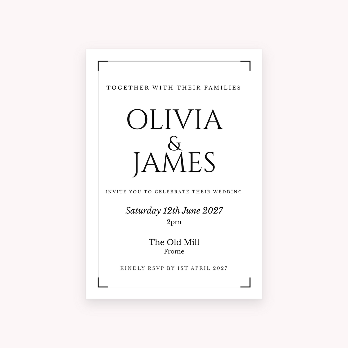 Black Tie invitation, shown with the sample names Olivia & James
