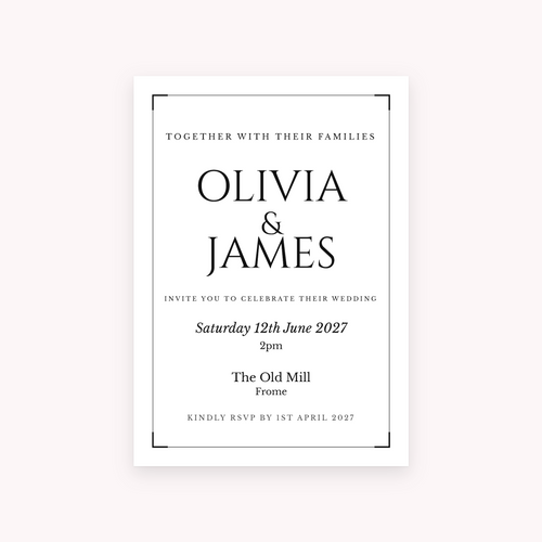 Black Tie invitation, shown with the sample names Olivia & James