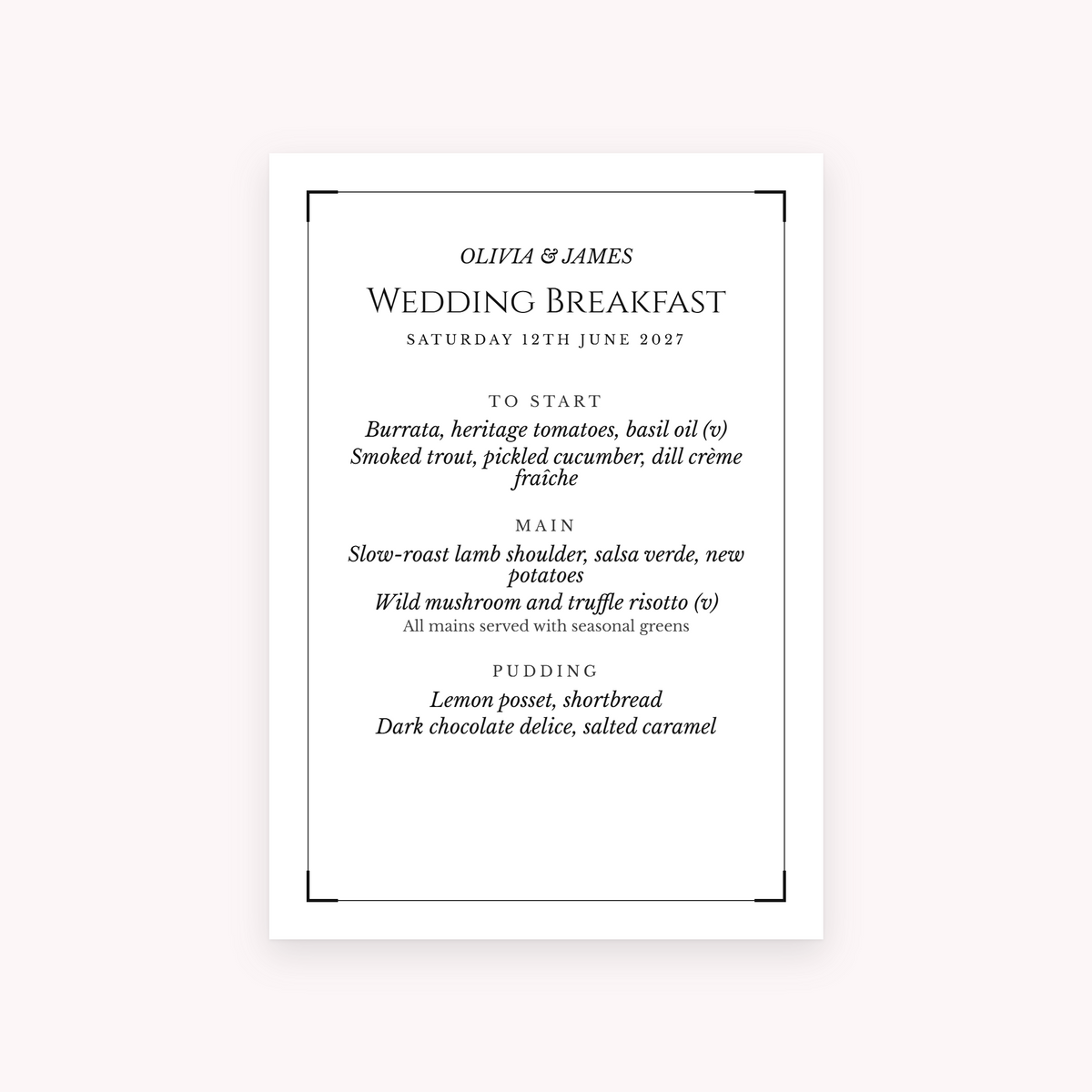 Black Tie menu, shown with the sample names Olivia & James