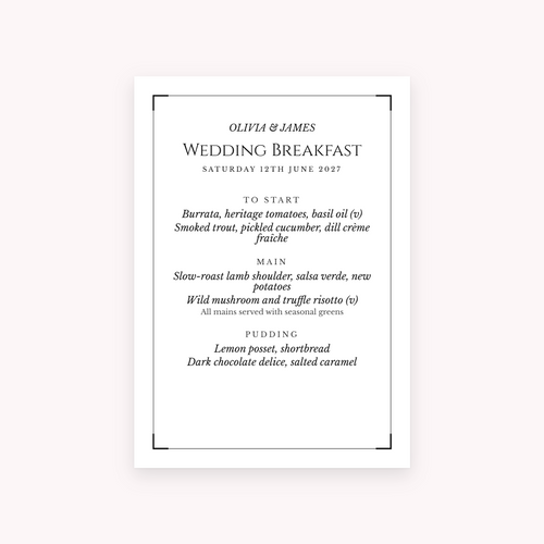 Black Tie menu, shown with the sample names Olivia & James