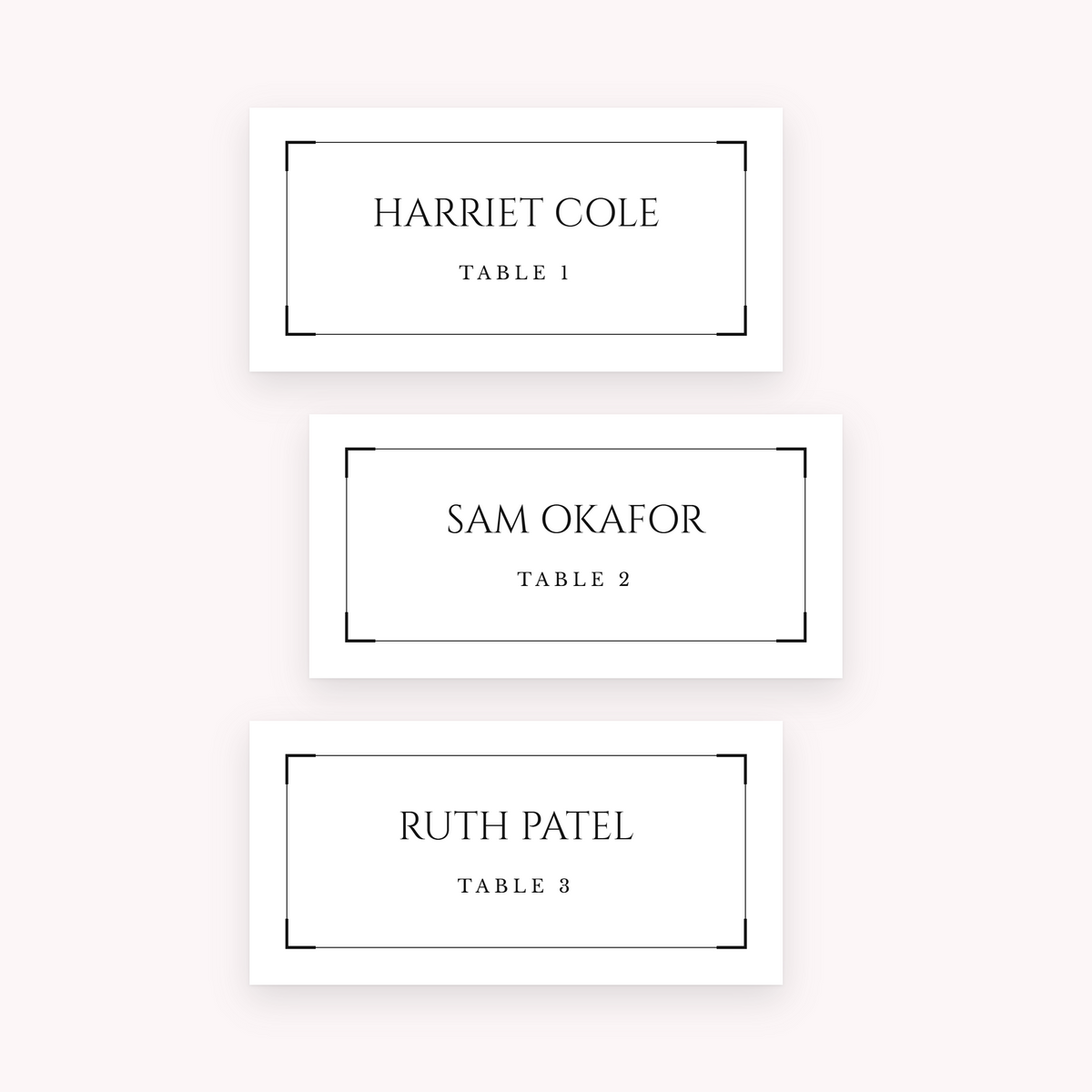 Black Tie place cards, shown with the sample names Olivia & James