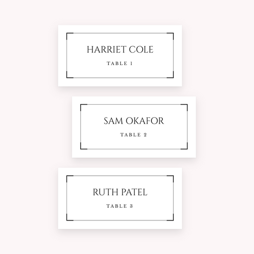 Black Tie place cards, shown with the sample names Olivia & James