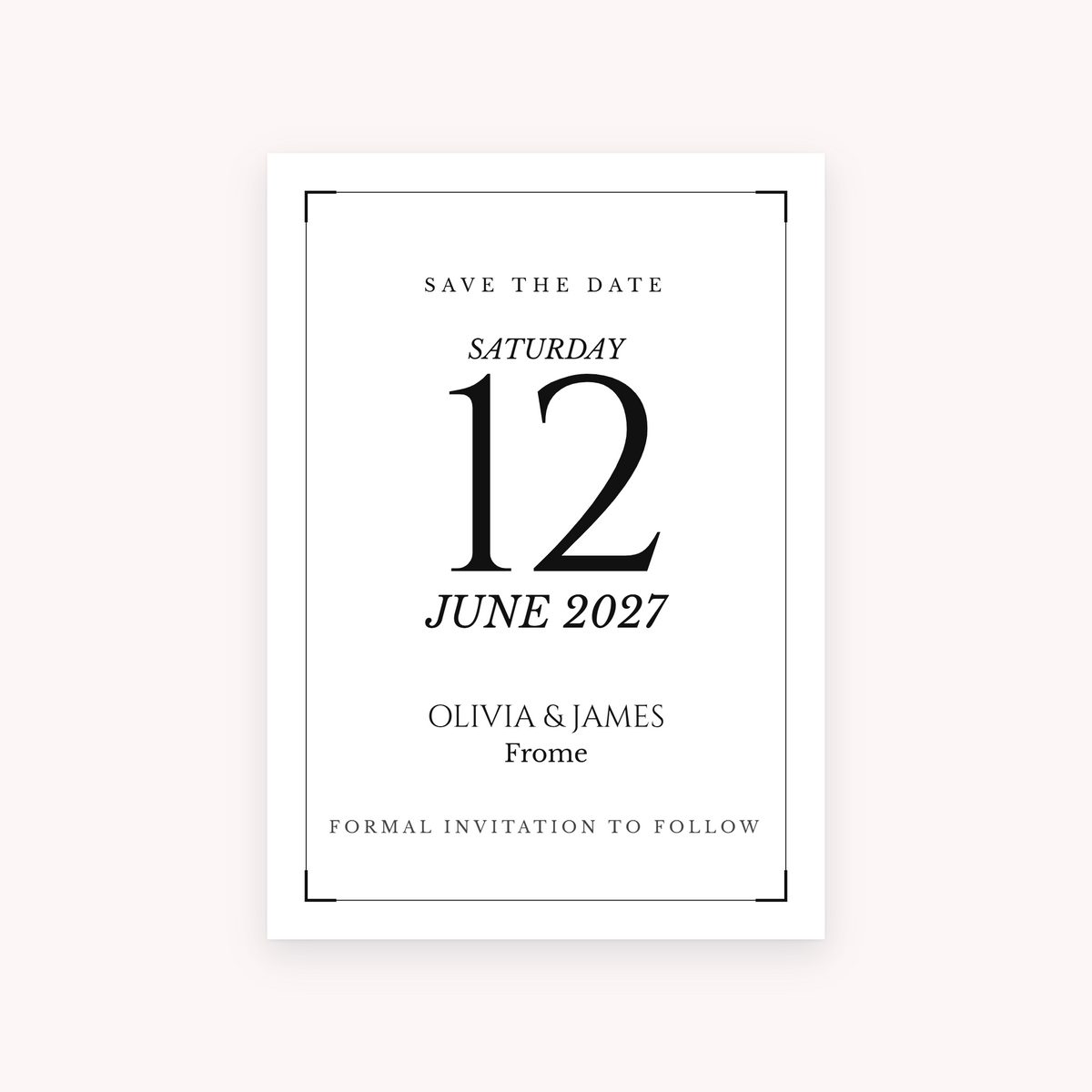 Black Tie save the date, shown with the sample names Olivia & James