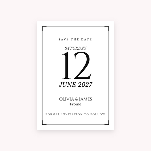Black Tie save the date, shown with the sample names Olivia & James
