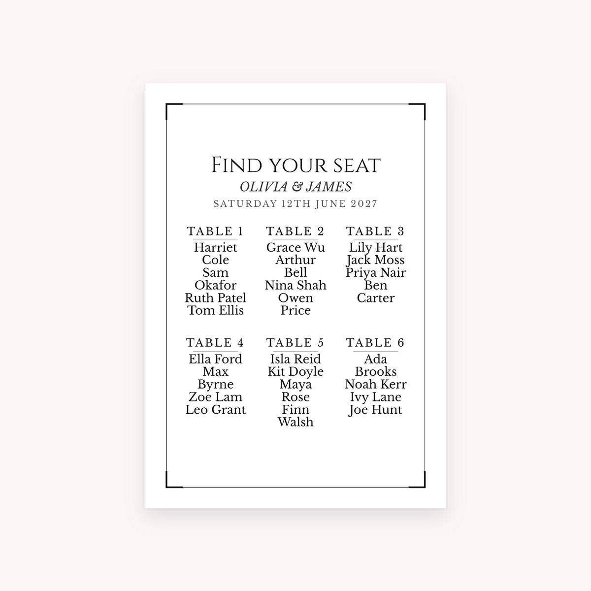 Black Tie seating plan, shown with the sample names Olivia & James