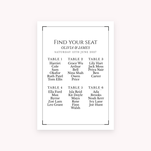 Black Tie seating plan, shown with the sample names Olivia & James