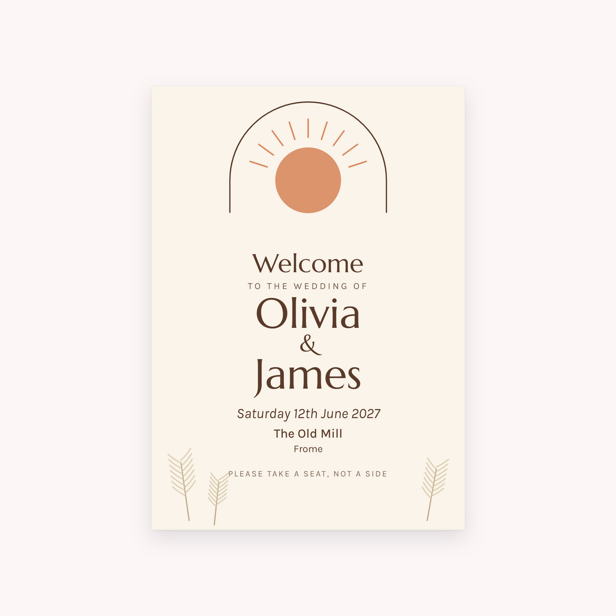 Boho A1 sign, shown with the sample names Olivia & James