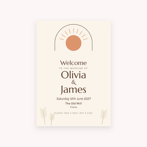 Boho A1 sign, shown with the sample names Olivia & James