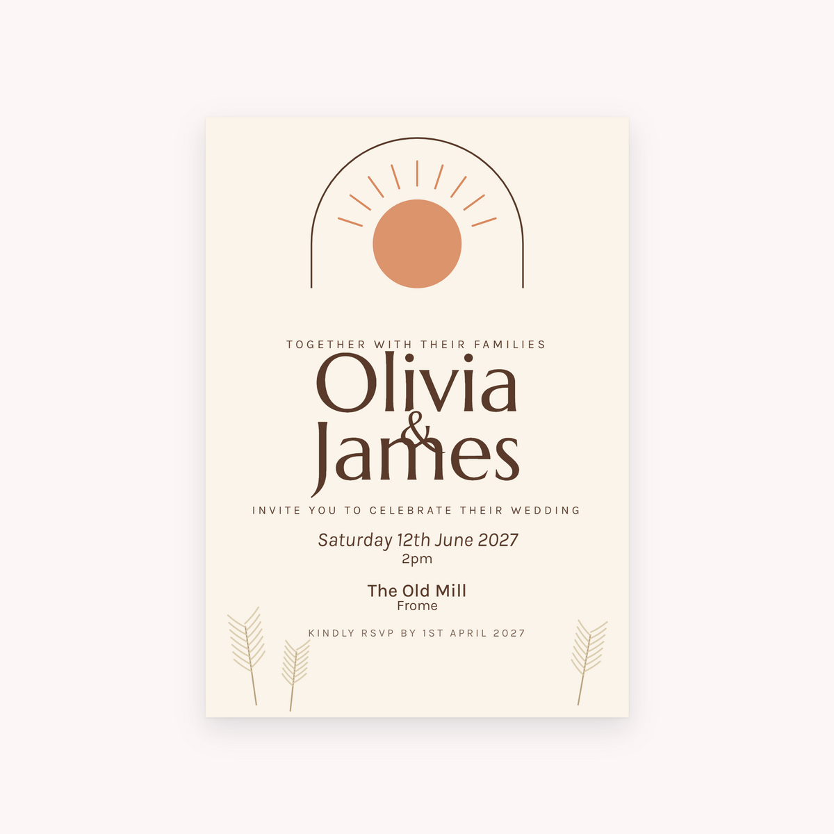 Boho invitation, shown with the sample names Olivia & James