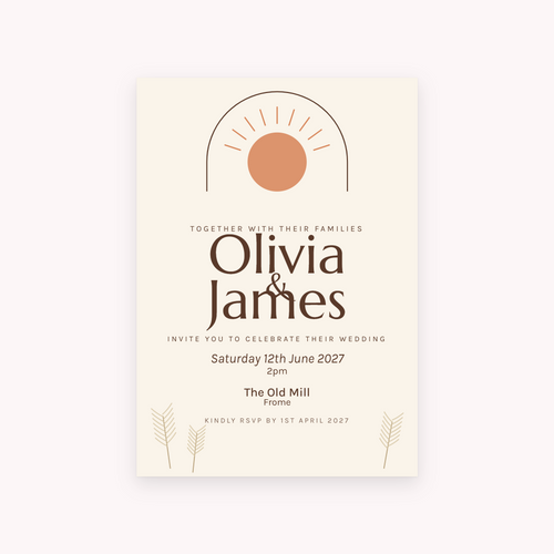Boho invitation, shown with the sample names Olivia & James