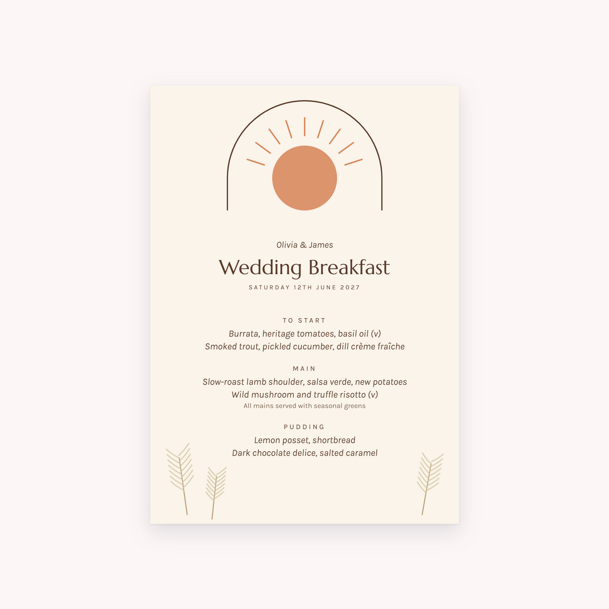 Boho menu, shown with the sample names Olivia & James