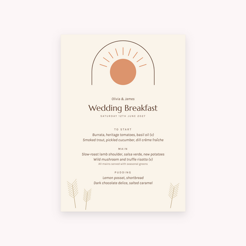 Boho menu, shown with the sample names Olivia & James