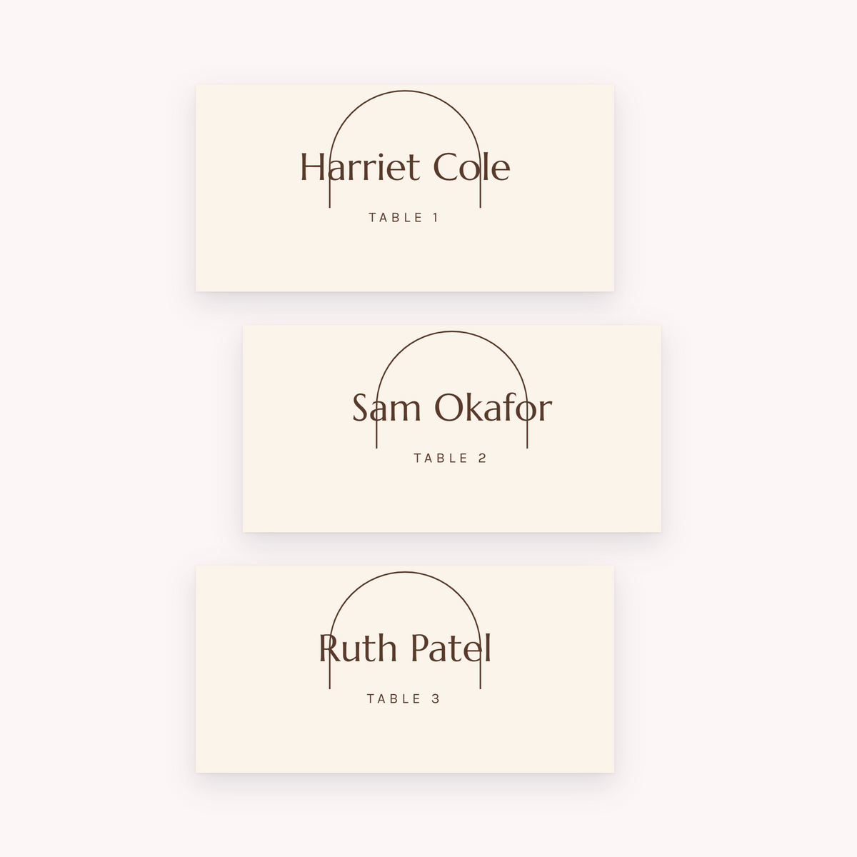 Boho place cards, shown with the sample names Olivia & James