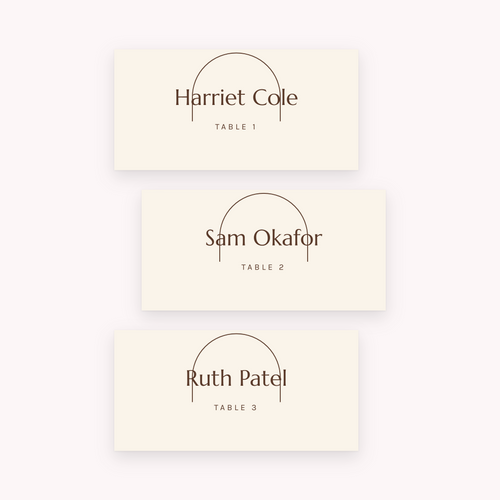 Boho place cards, shown with the sample names Olivia & James