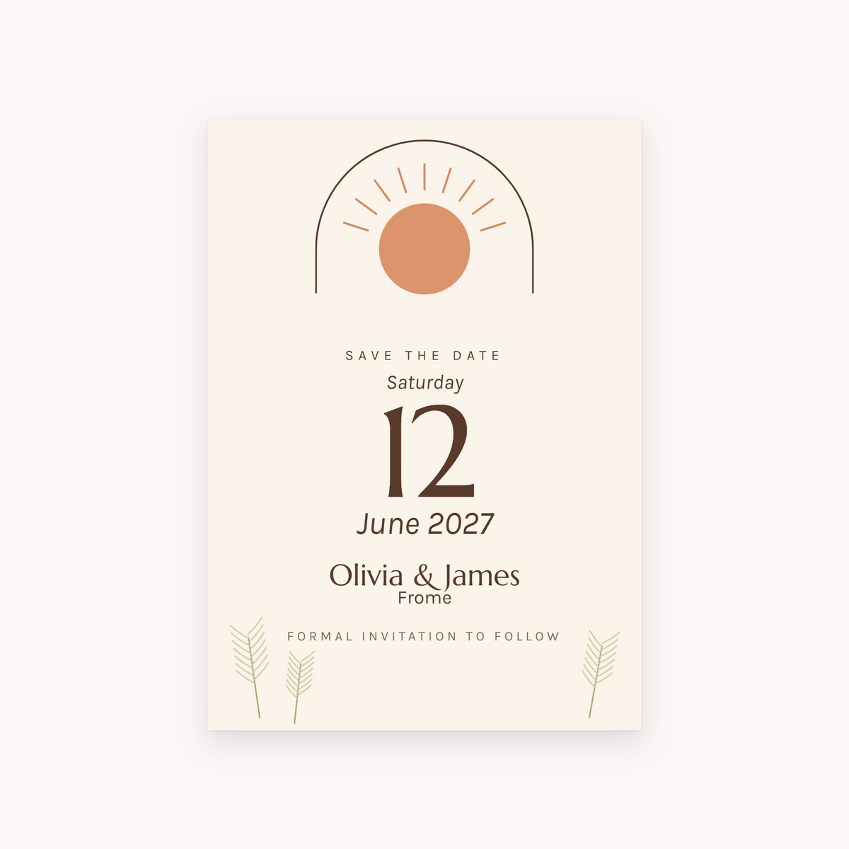 Boho save the date, shown with the sample names Olivia & James