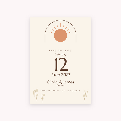 Boho save the date, shown with the sample names Olivia & James