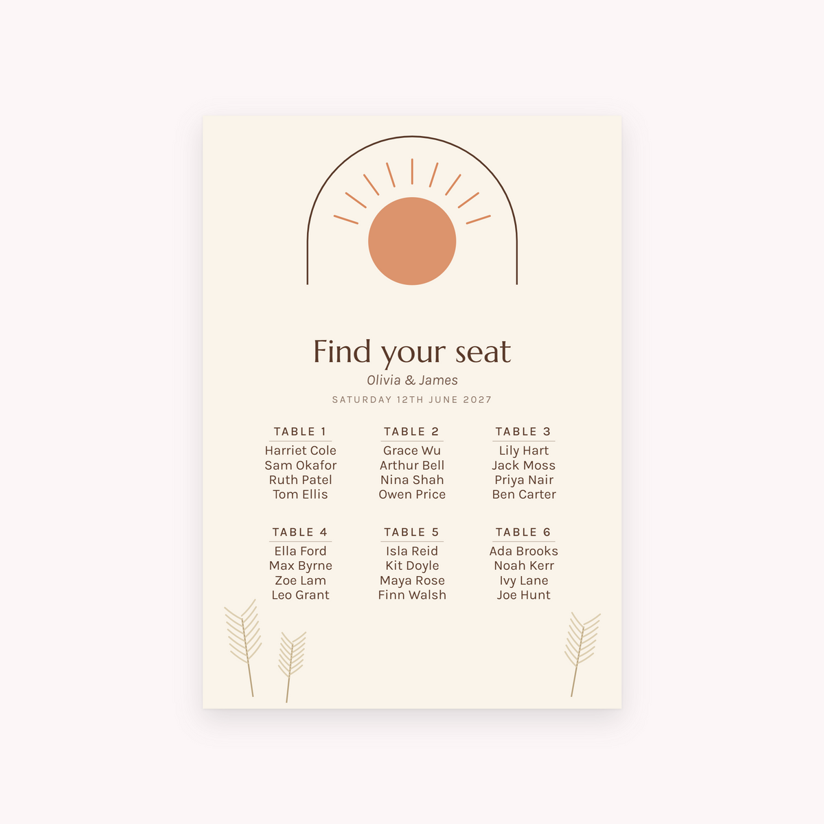 Boho seating plan, shown with the sample names Olivia & James