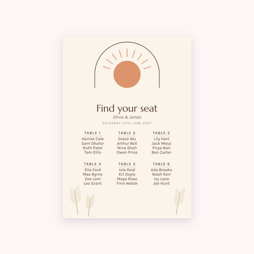 Boho seating plan, shown with the sample names Olivia & James