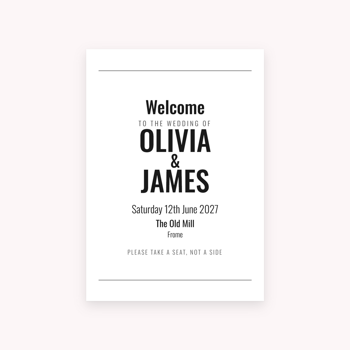 Broadsheet A1 sign, shown with the sample names Olivia & James