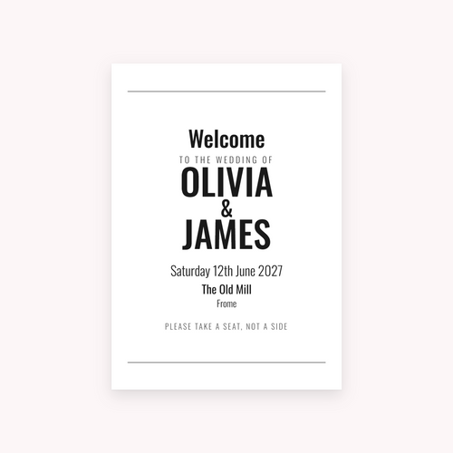 Broadsheet A1 sign, shown with the sample names Olivia & James