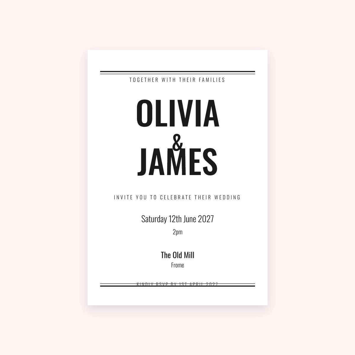 Broadsheet invitation, shown with the sample names Olivia & James