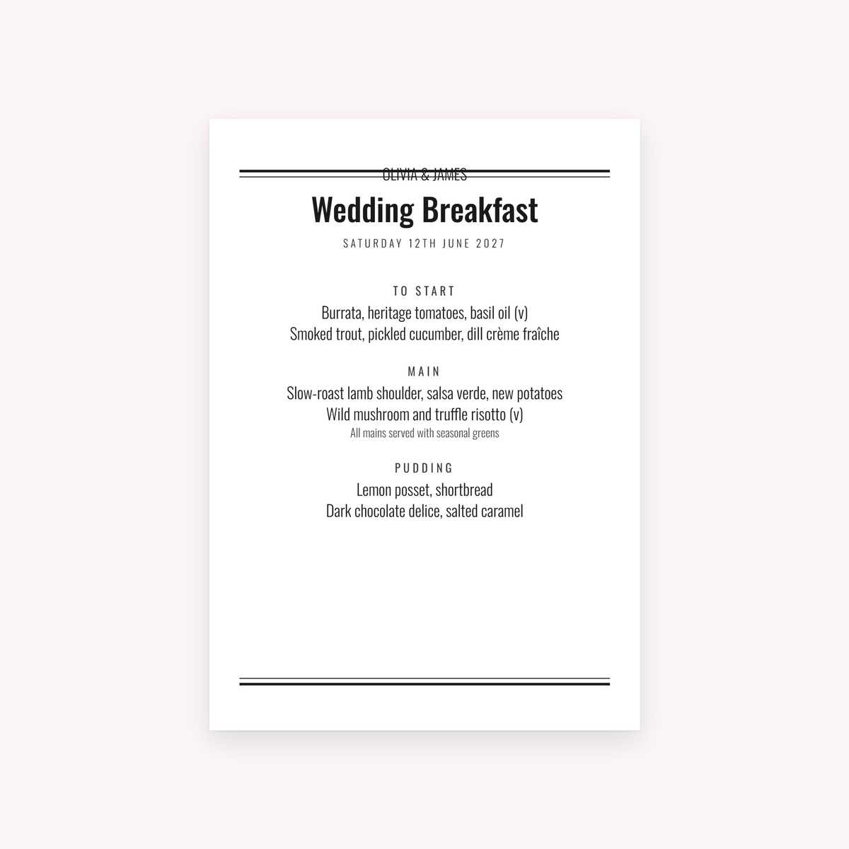 Broadsheet menu, shown with the sample names Olivia & James