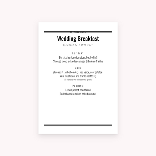 Broadsheet menu, shown with the sample names Olivia & James