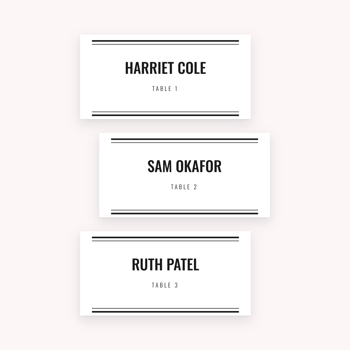 Broadsheet place cards, shown with the sample names Olivia & James