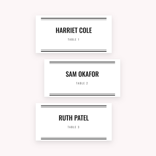 Broadsheet place cards, shown with the sample names Olivia & James