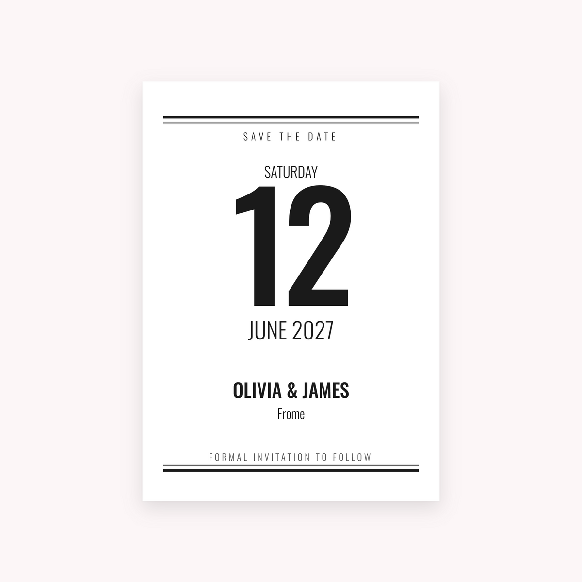 Broadsheet save the date, shown with the sample names Olivia & James