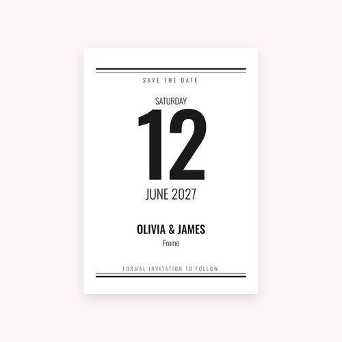 Broadsheet save the date, shown with the sample names Olivia & James