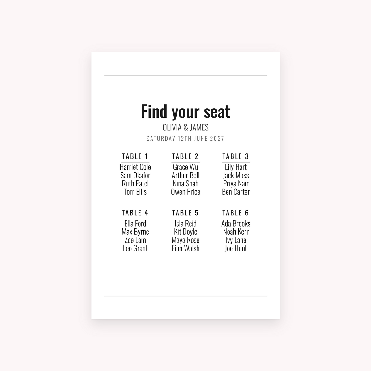 Broadsheet seating plan, shown with the sample names Olivia & James