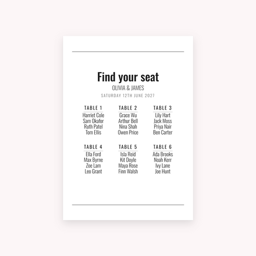 Broadsheet seating plan, shown with the sample names Olivia & James