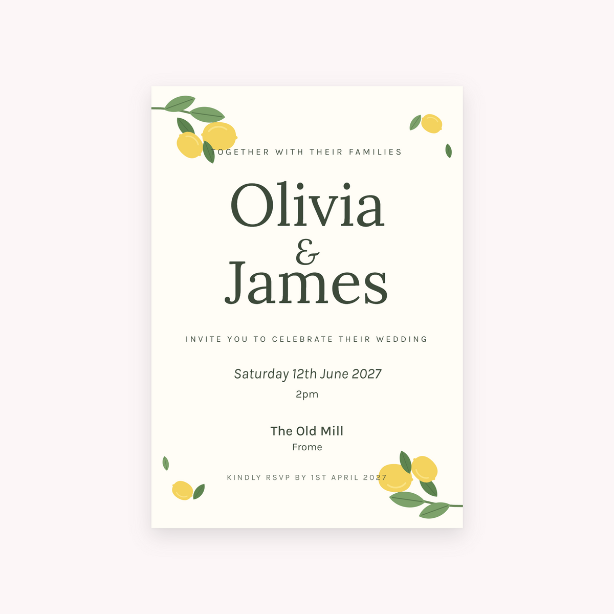 Citrus invitation, shown with the sample names Olivia & James