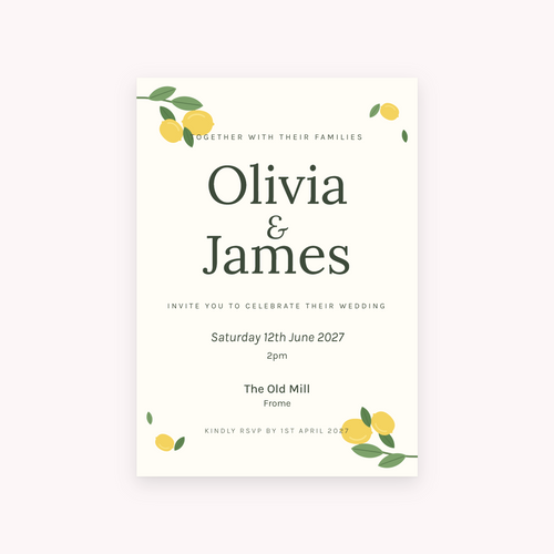 Citrus invitation, shown with the sample names Olivia & James