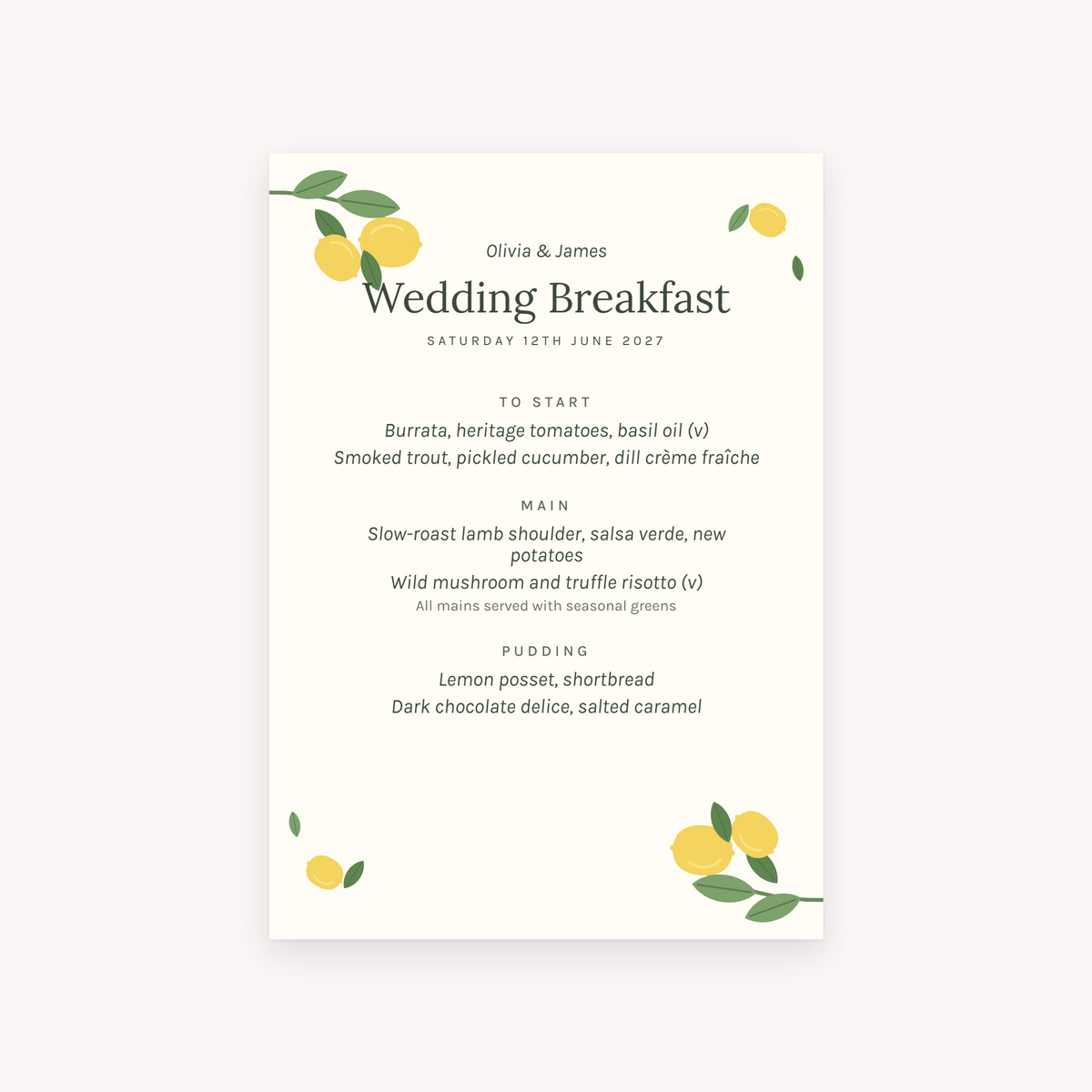 Citrus menu, shown with the sample names Olivia & James