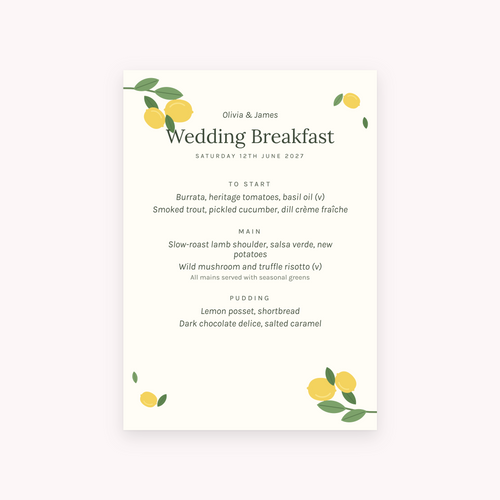 Citrus menu, shown with the sample names Olivia & James