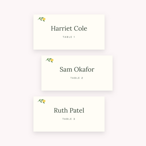 Citrus place cards, shown with the sample names Olivia & James