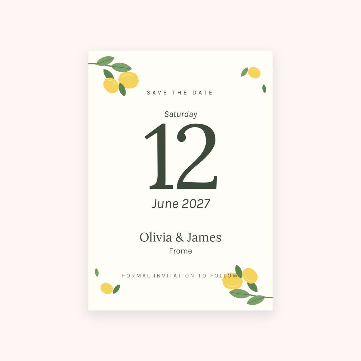 Citrus save the date, shown with the sample names Olivia & James