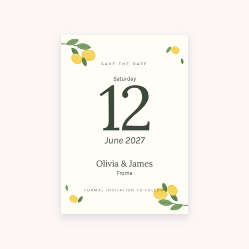 Citrus save the date, shown with the sample names Olivia & James