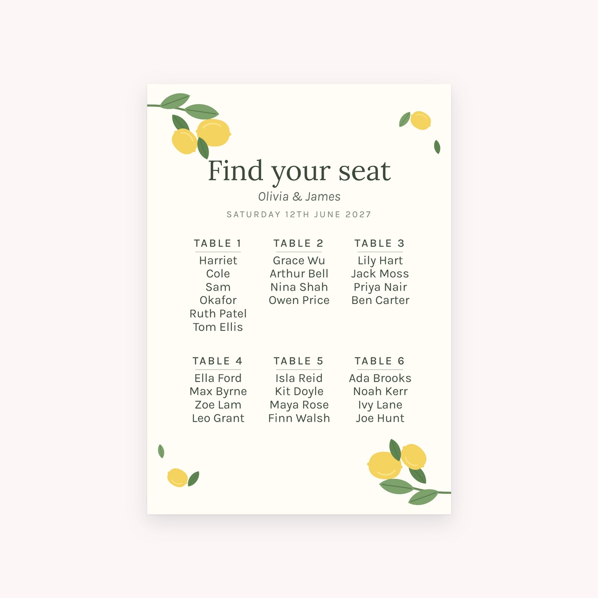 Citrus seating plan, shown with the sample names Olivia & James